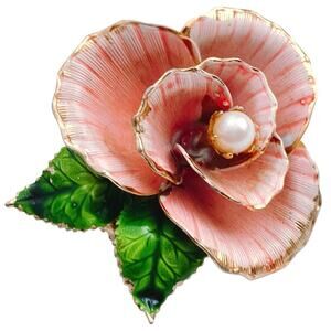 Vintage 1940s Brooch Pink Enamel Flower Gold Tone Faux Pearl Pin